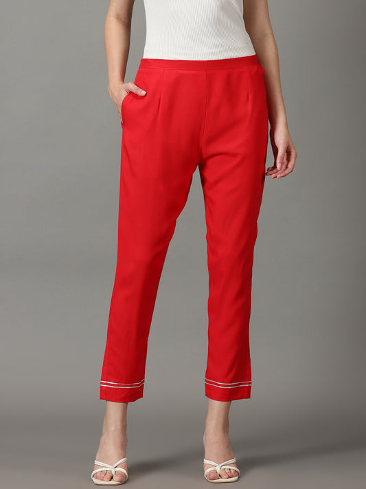 Women Red Solid Fit Trousers