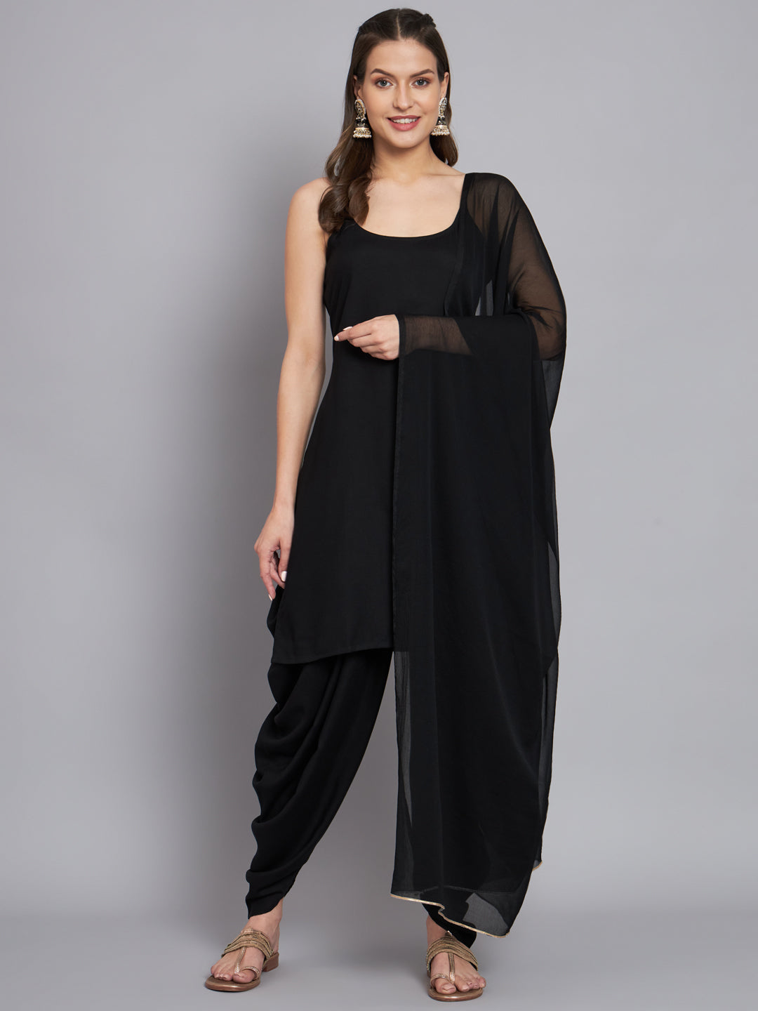 Black Rayon Kurta With Dhoti & Dupatta