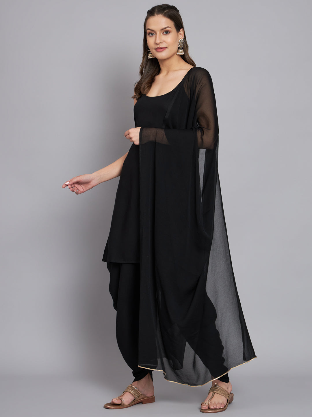 Black Rayon Kurta With Dhoti & Dupatta