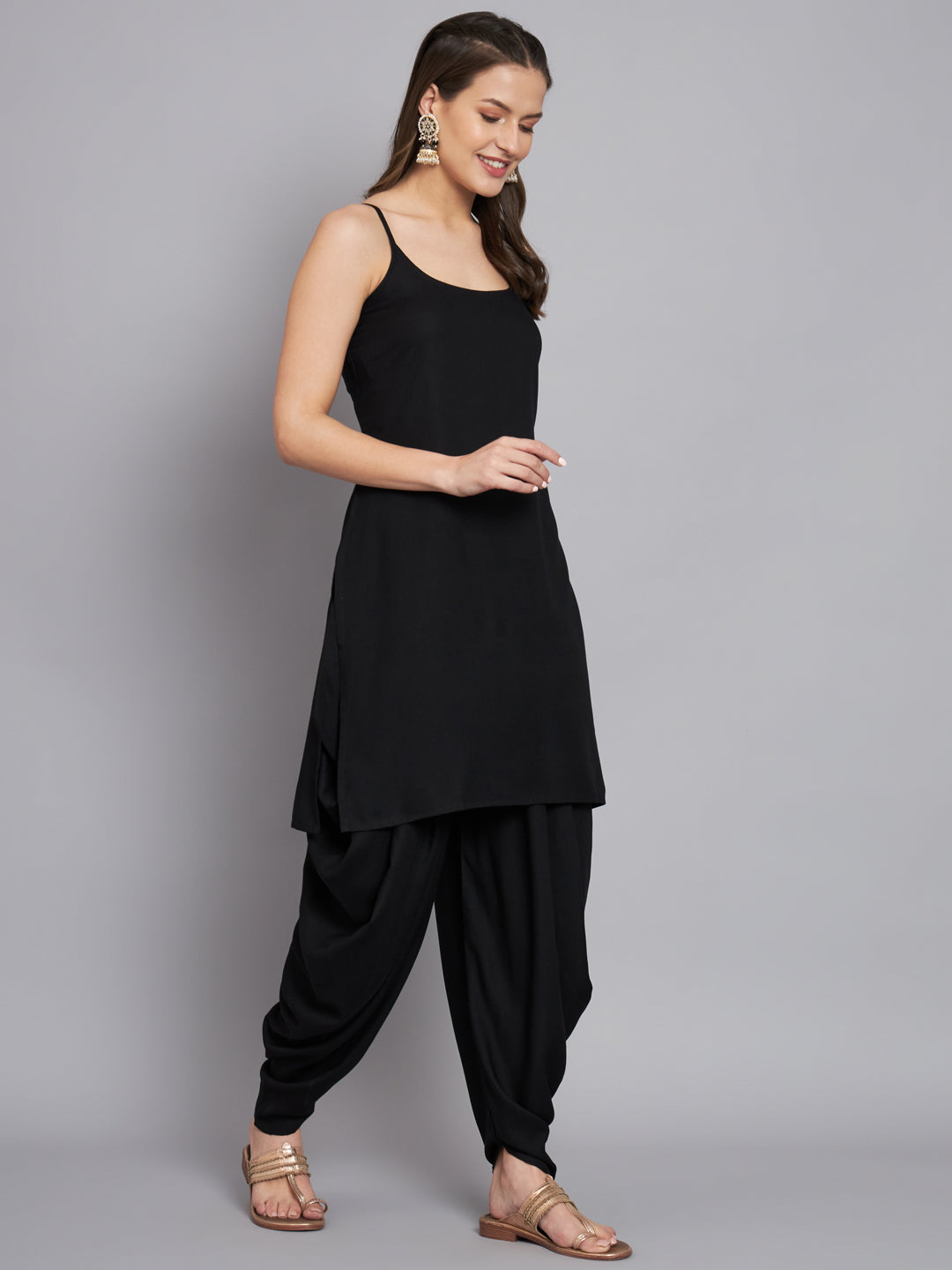 Black Rayon Kurta With Dhoti & Dupatta