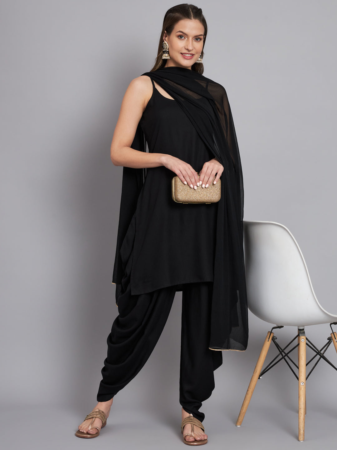 Black Rayon Kurta With Dhoti & Dupatta