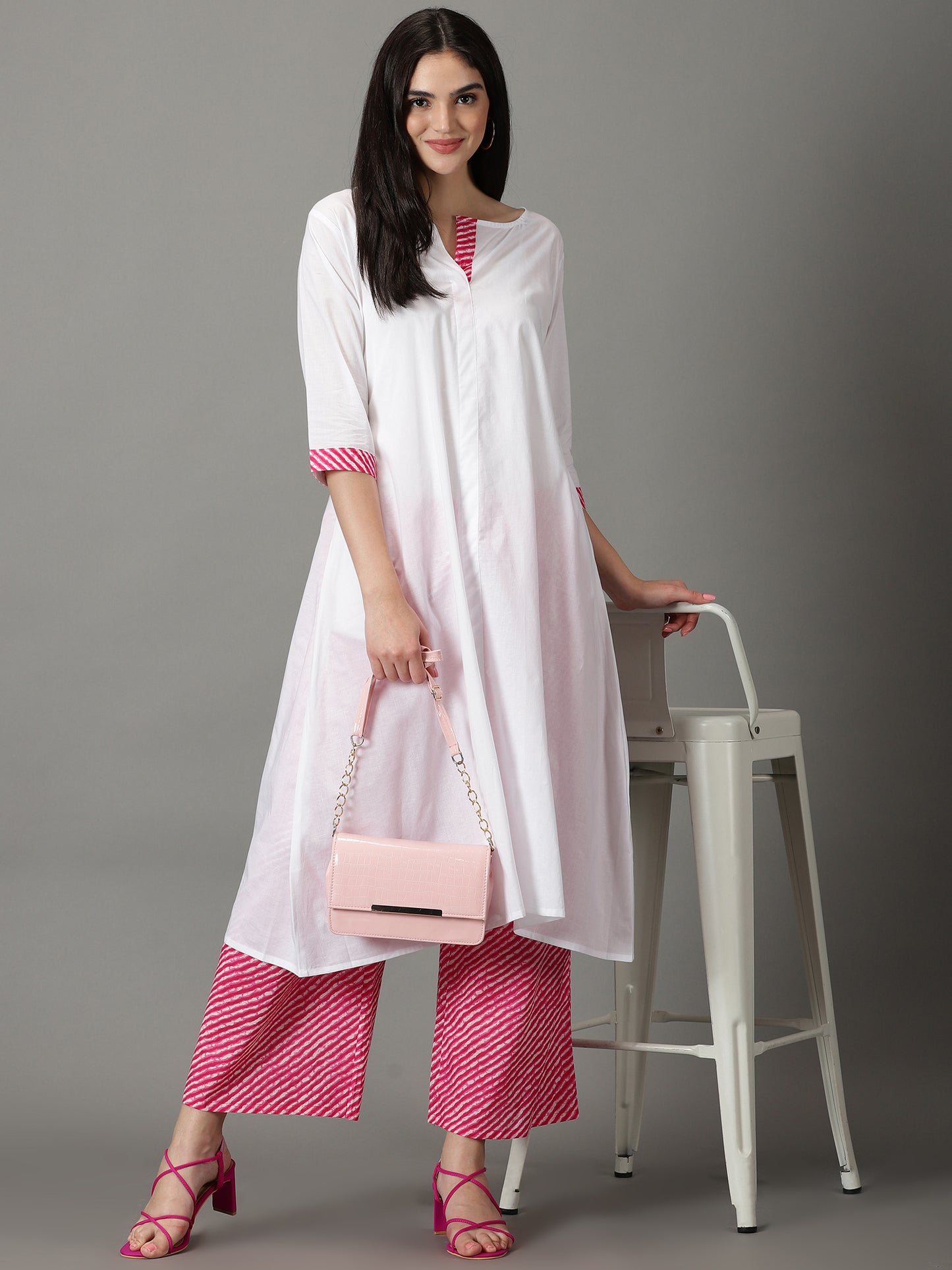 White Cotton A-Line Kurta With Palazzos