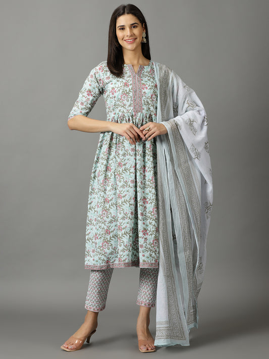 Blue Printed A-Line Cotton Kurta With Trouser & Dupatta