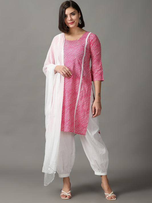 Pink Printed Cotton Straight Kurta With cuff Pant &Dupatta