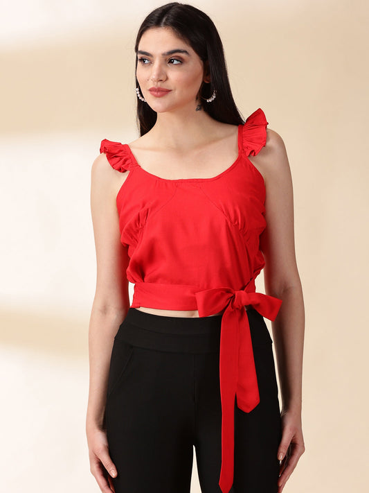 Women Red Reyon Crop Top