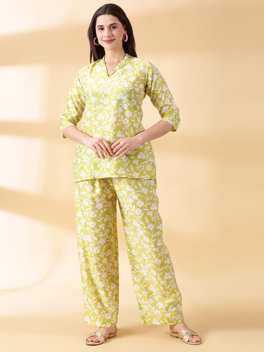 Women Green Cotton Mix Polyster Co-Ord-Set