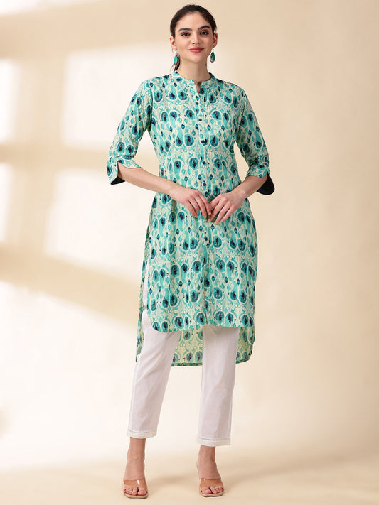 Women Green Floral Print Cotton Kurta