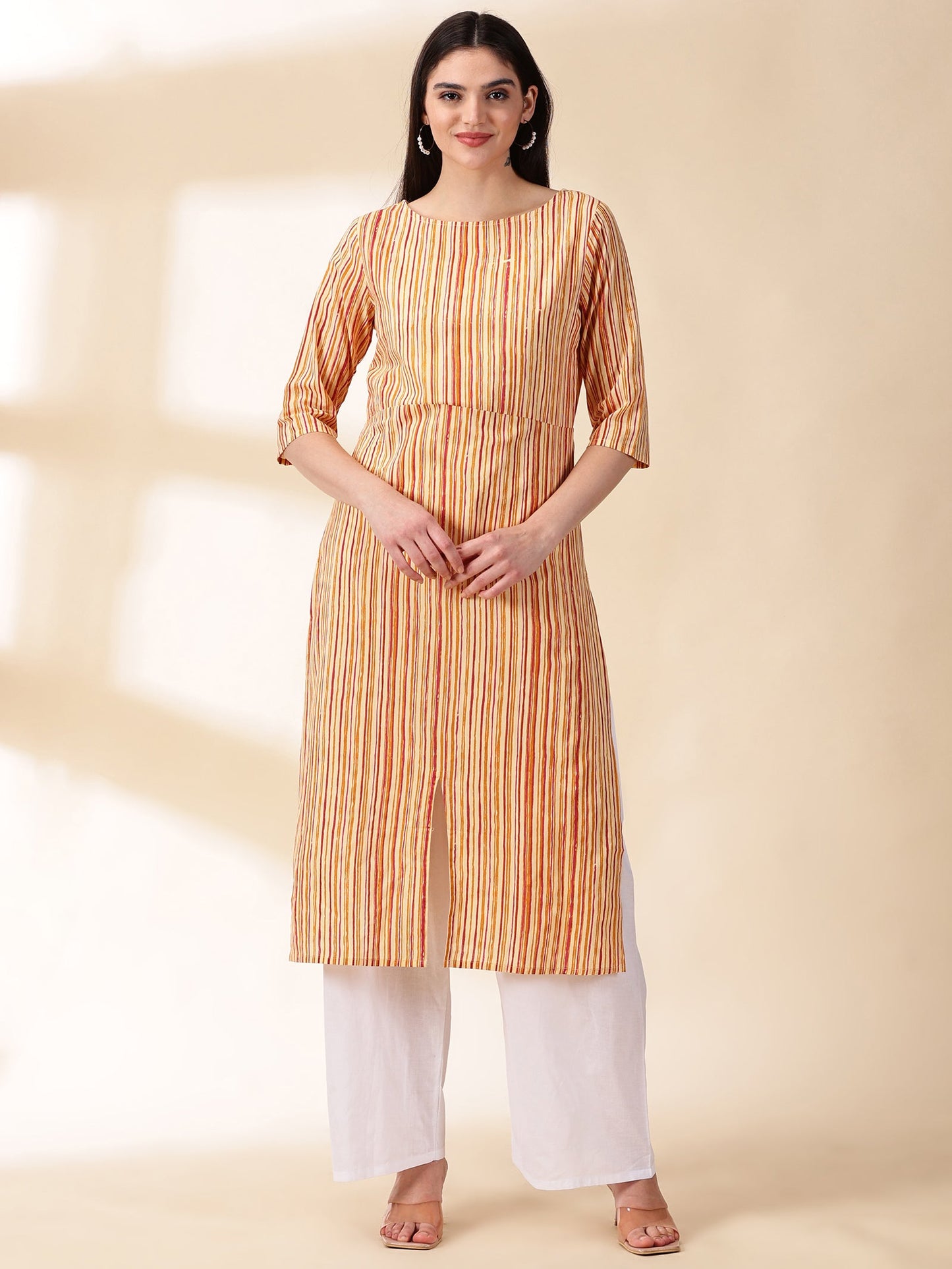 Women Mustard Cotton Straight Kurta