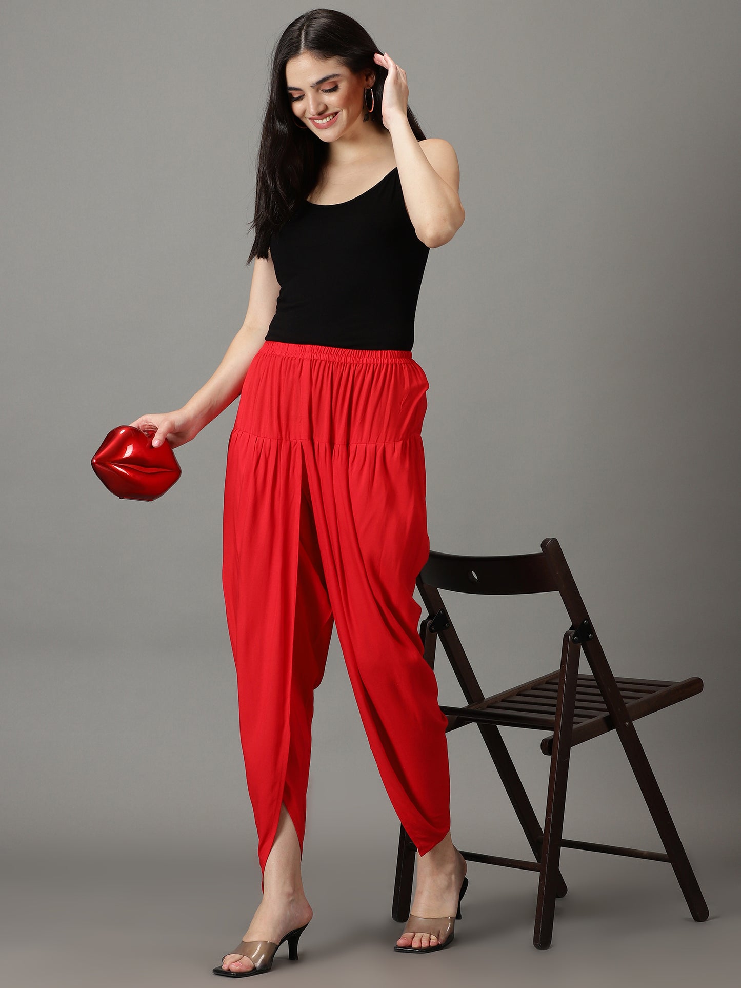 Women Red Solid Viscose Rayon Dhoti Pant