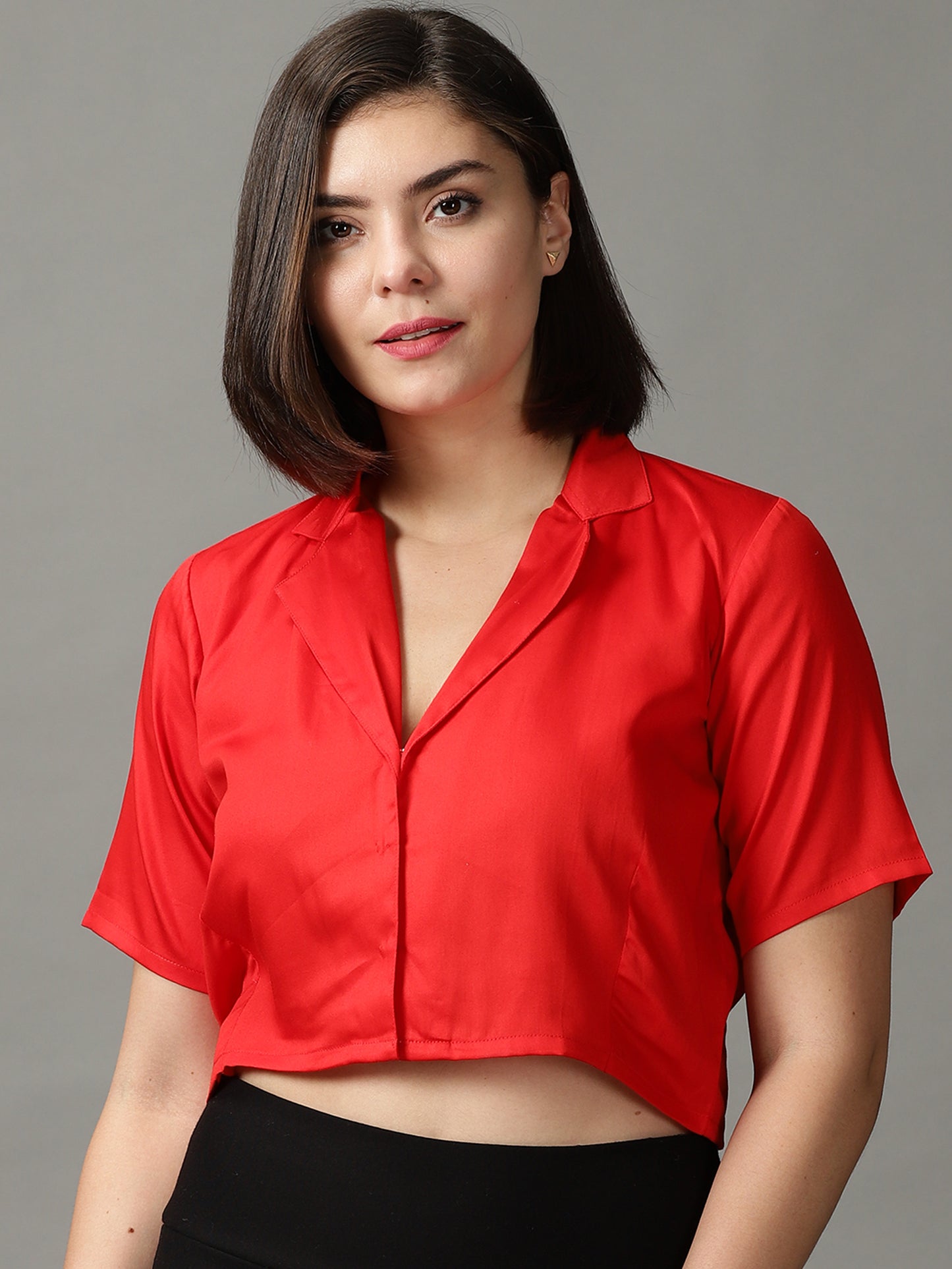 Women Red Solid Shirt Style Crop Top