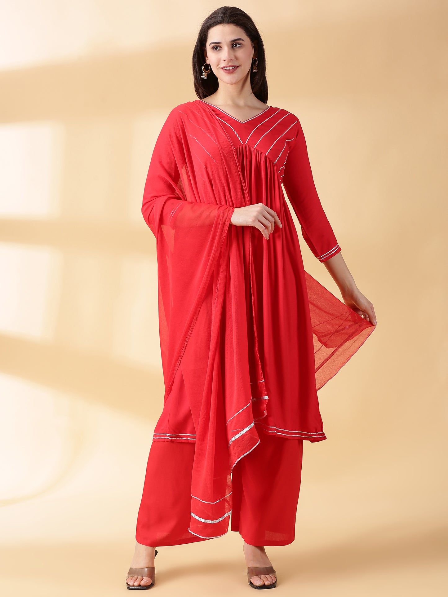 Women Red Reyon Alia Cut Kurta With Palazzos & Dupatta