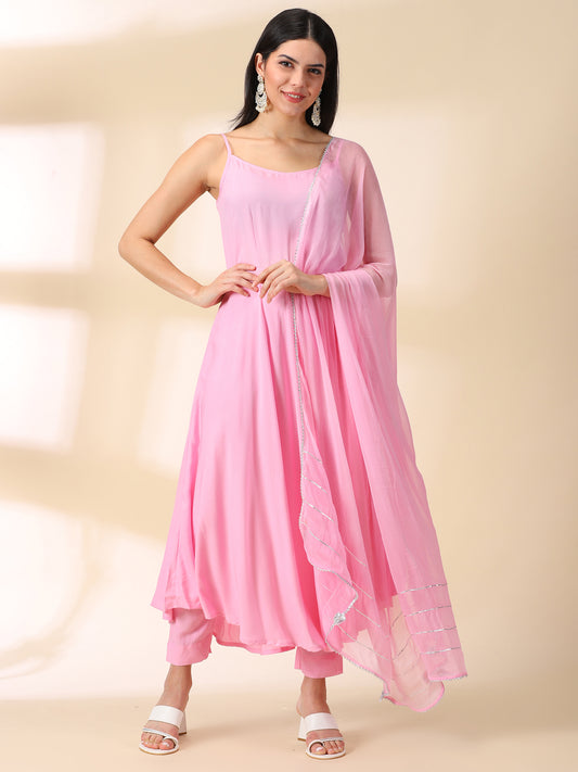 Pink Rayon Anarkali Kurta With Trouser & Dupatta