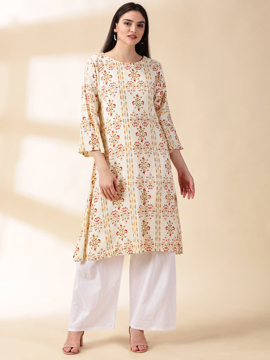 Women Cotton Off White Floral Printed Kurta