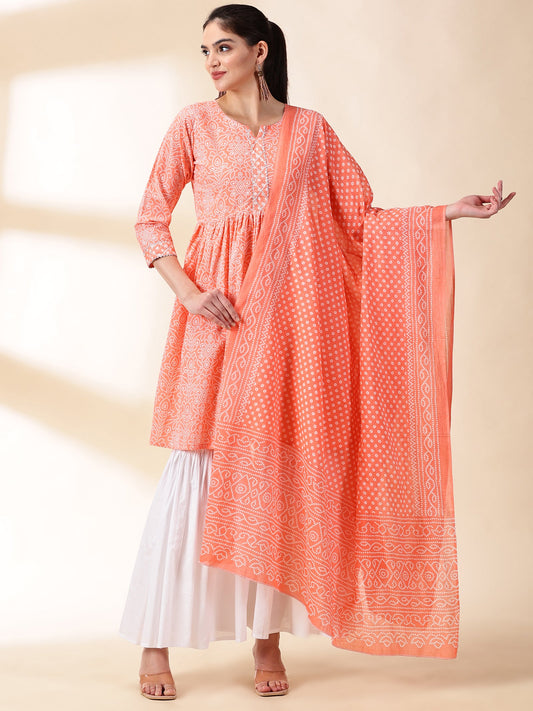 Women Peach Printed Cotton Kurta With Sharara & Duptta