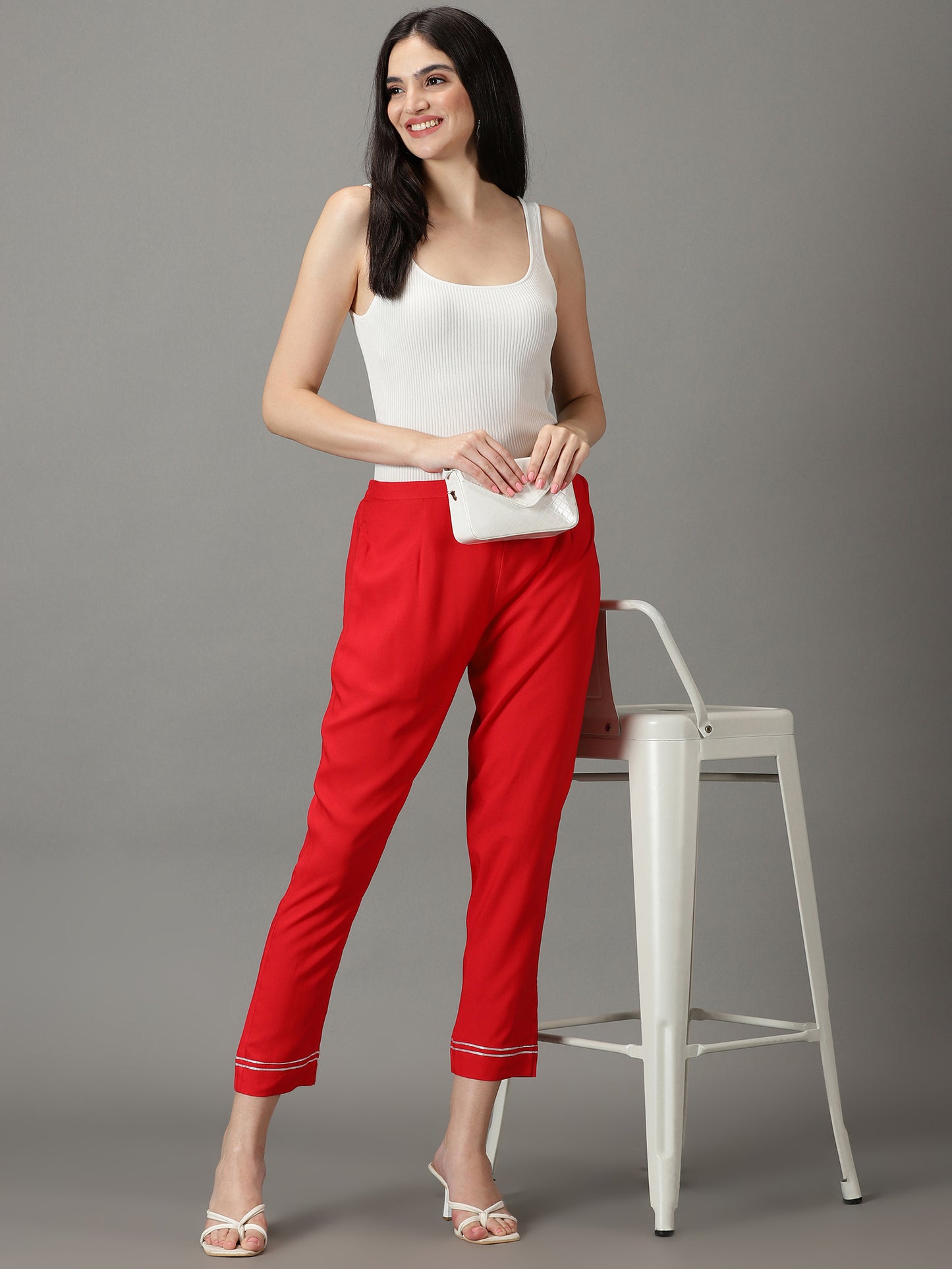 Women Red Solid Fit Trousers