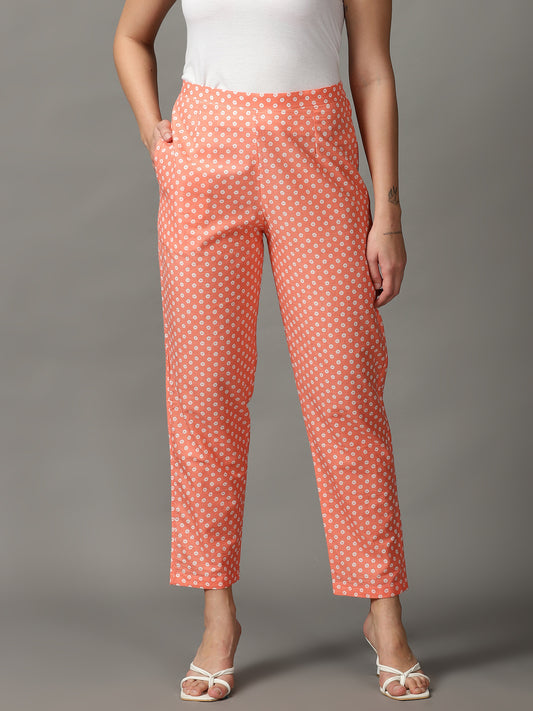 Women Peach Printed Cotton Trousers