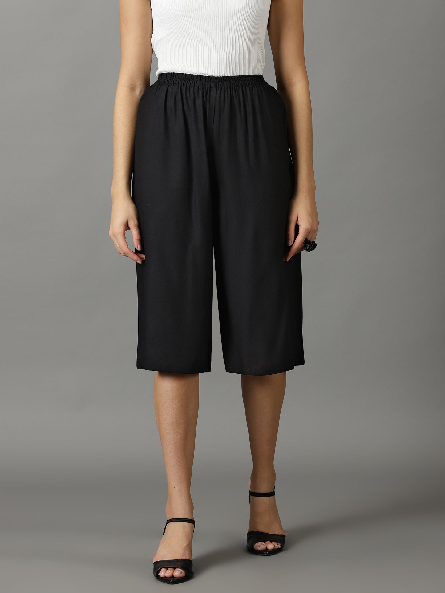 Women Black Rayon Half Pant