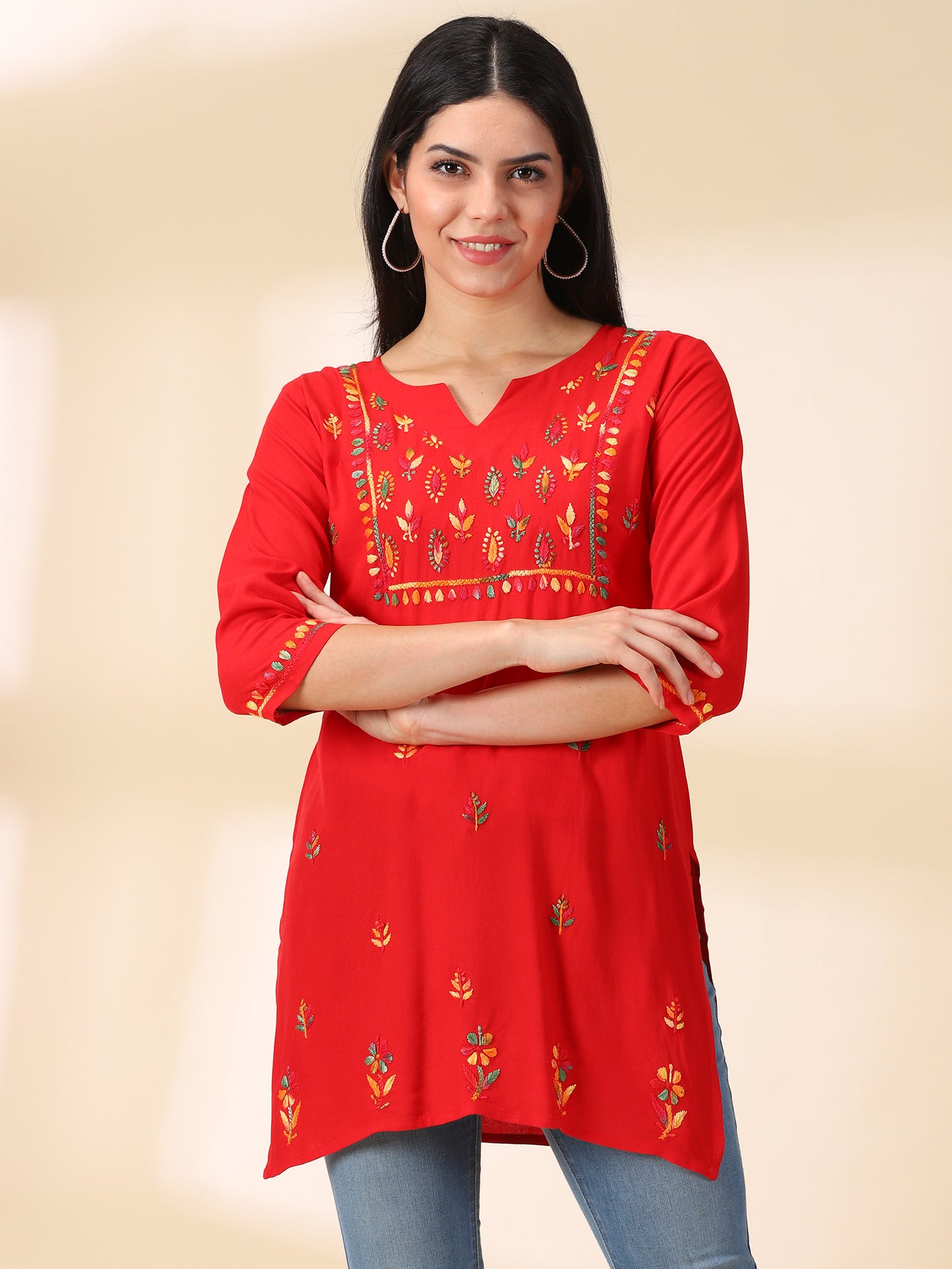 Chikankari Red Rayon Kurta