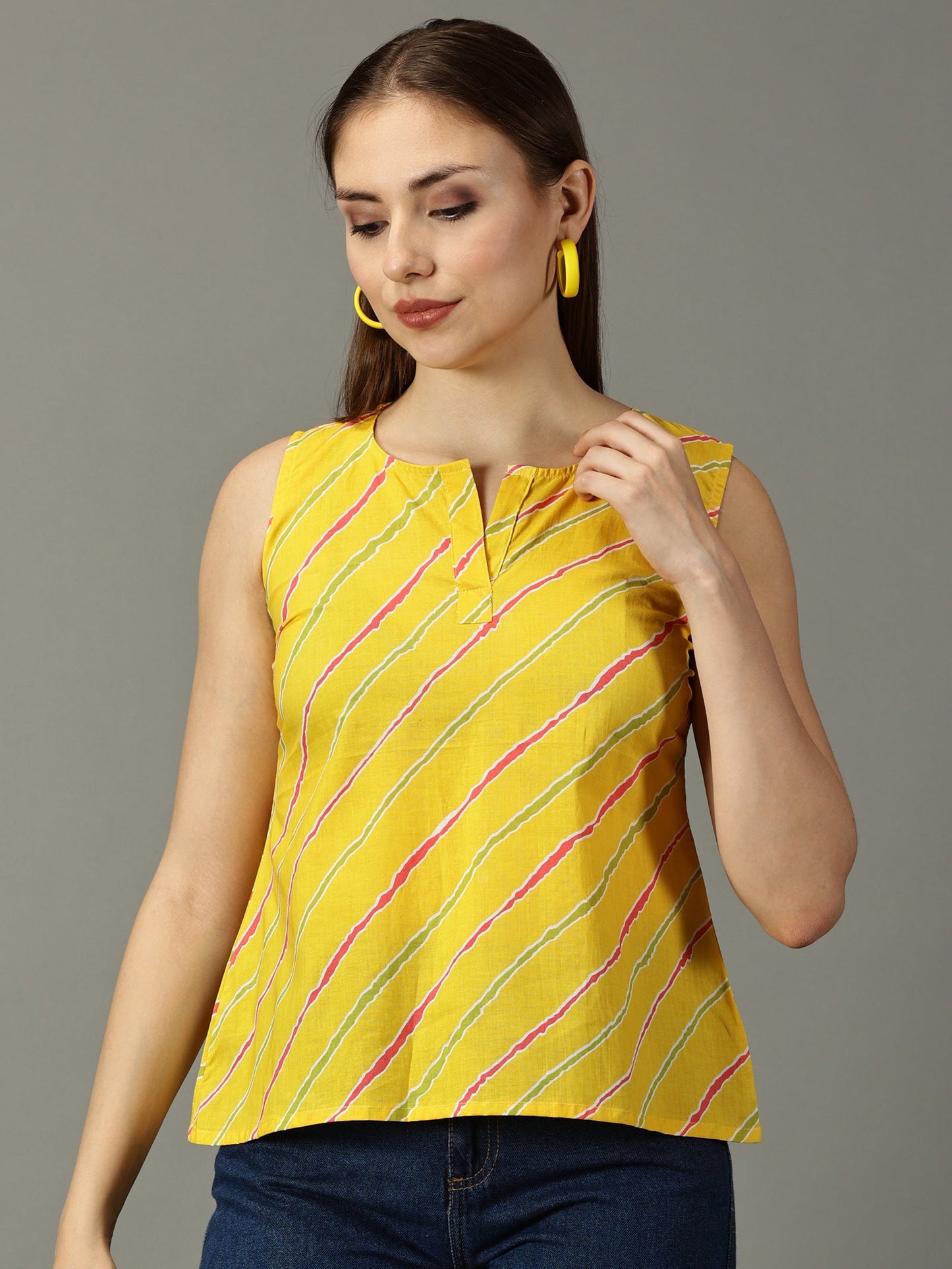 Women Yellow Cotton Printed Top