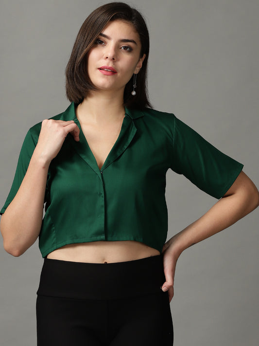 Women Green Solid Shirt Style Crop Top