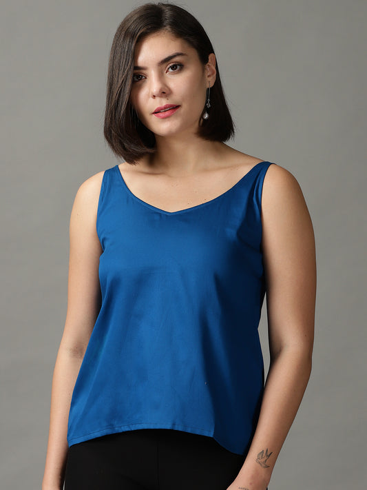 Women Blue V Neck Sleeveless Top