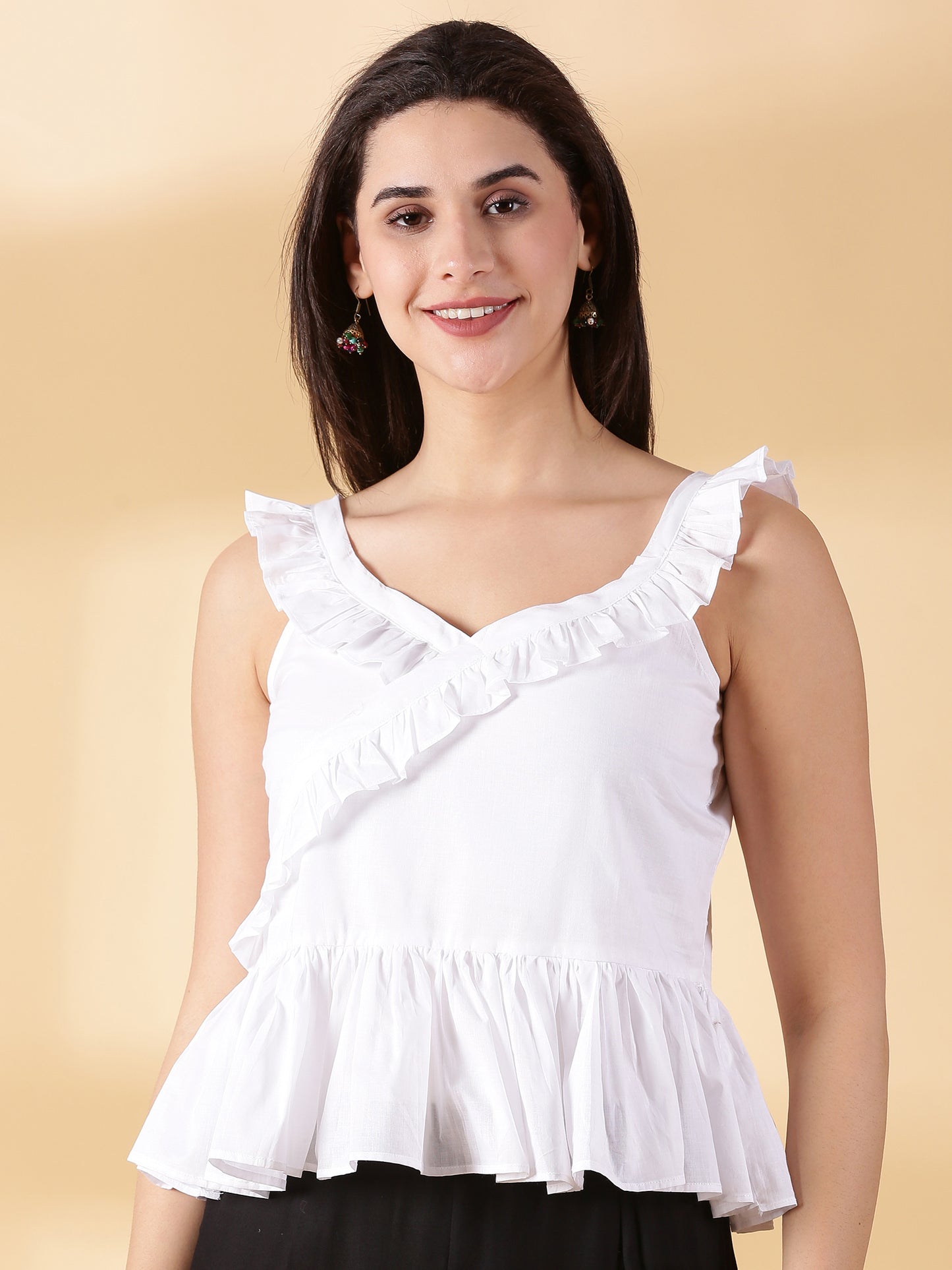 Women white Cotton Ruffled Top