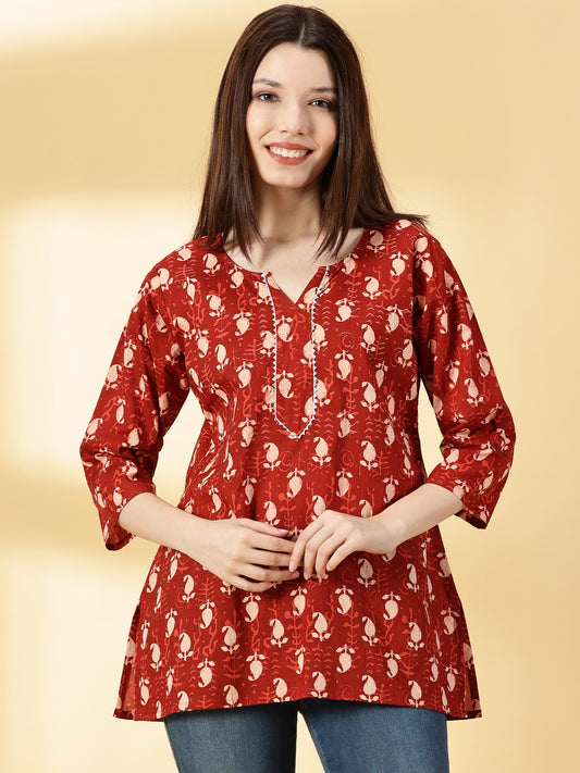 Women Brown Cotton Printed Straight Kurti