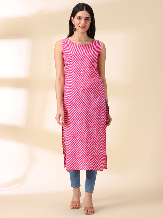 Women Pink Leheriya Cotton Straight Kurta