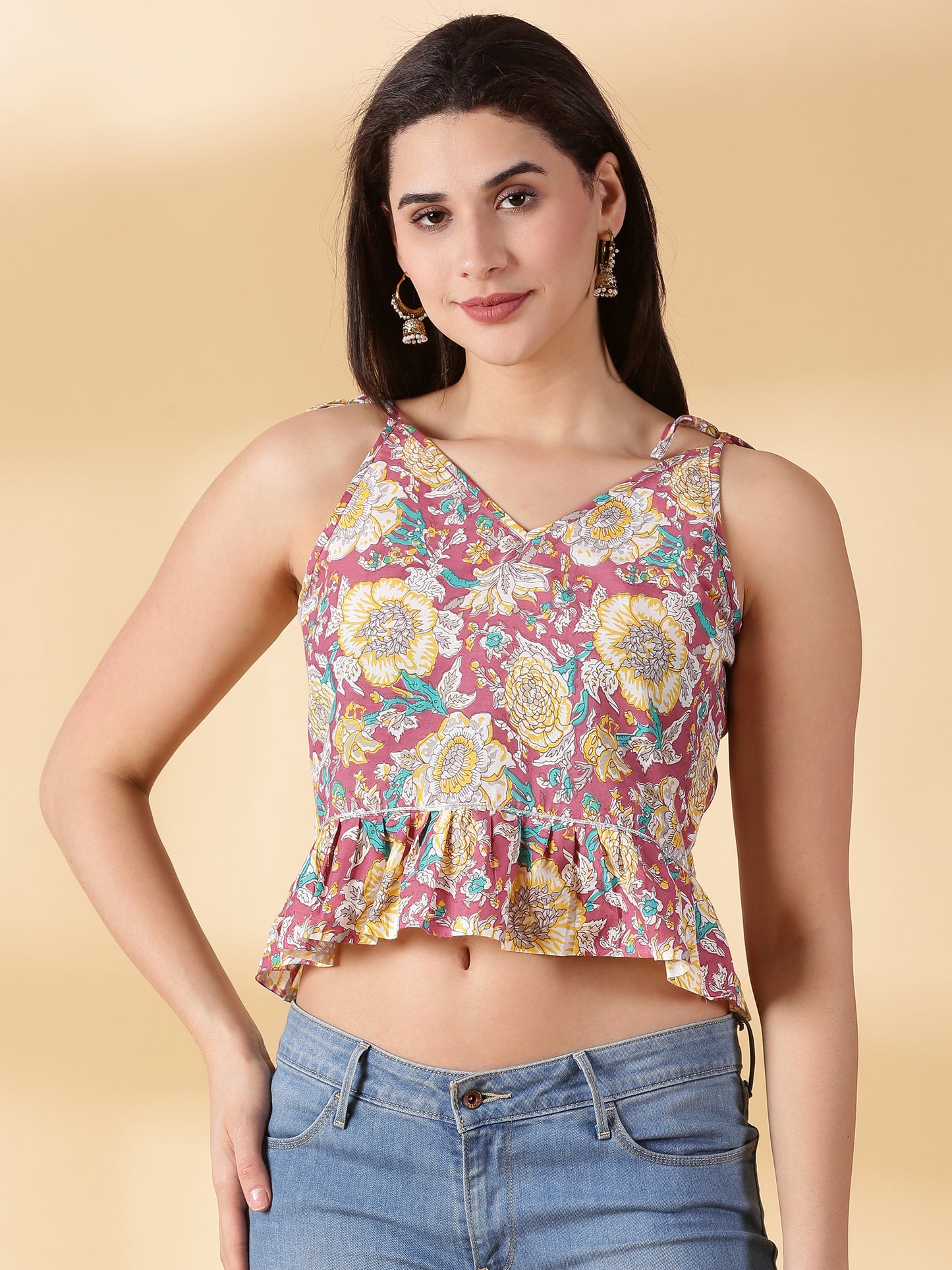 Multi Colour Printed Cotton Sholder Strip Top