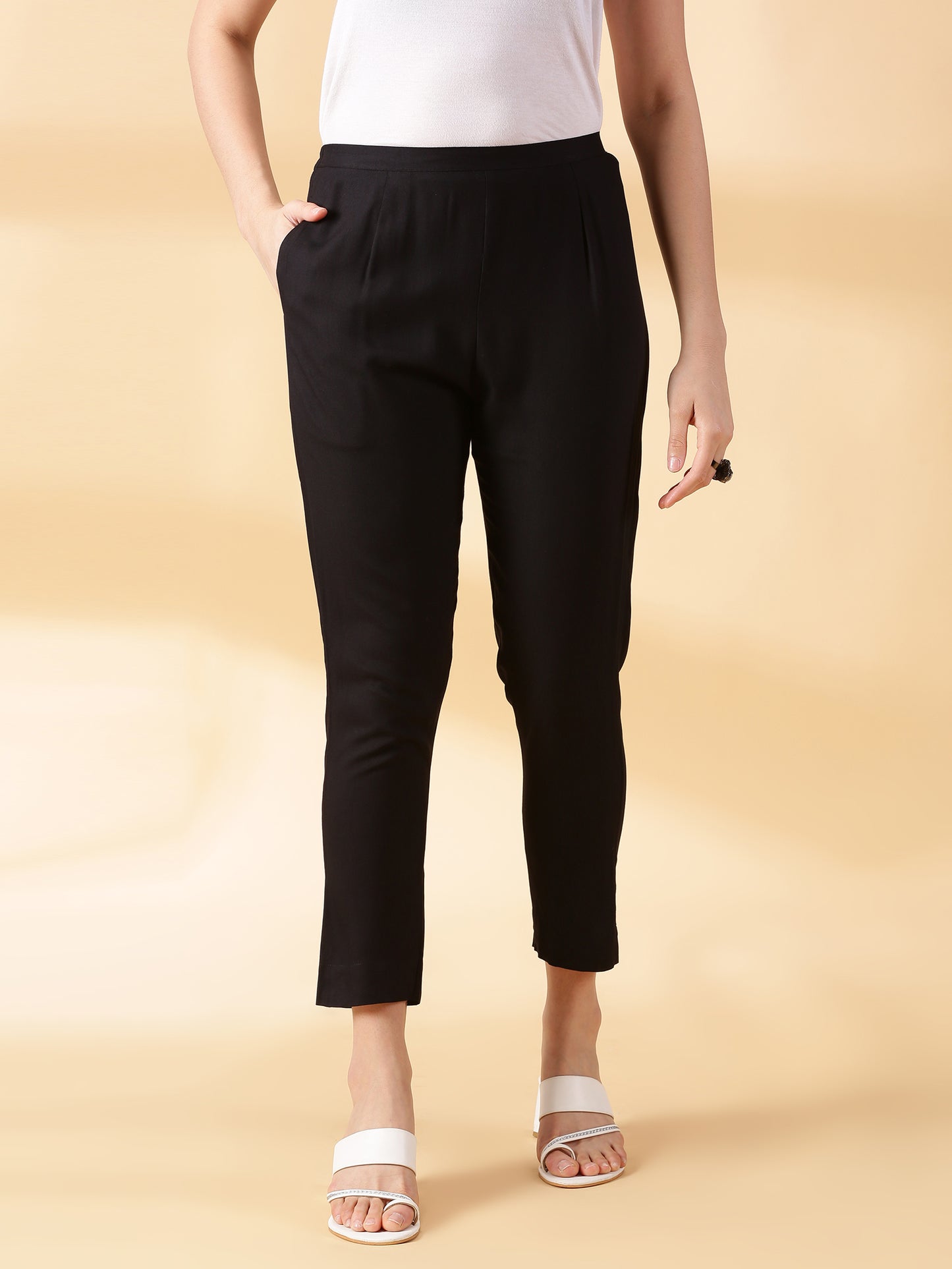 Women Black Solid Reyon Trousers