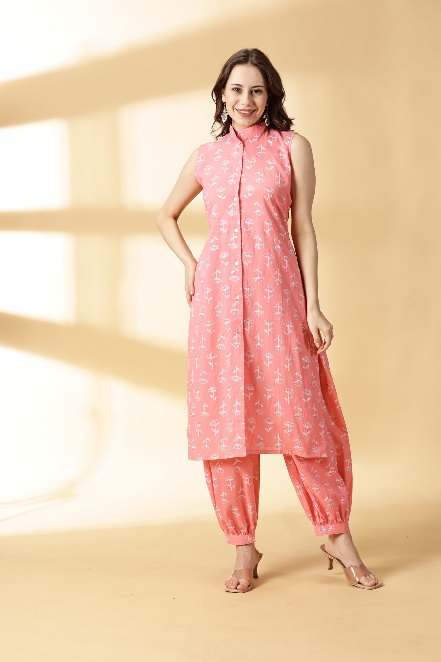 Peach Printed Stright Kurta Set