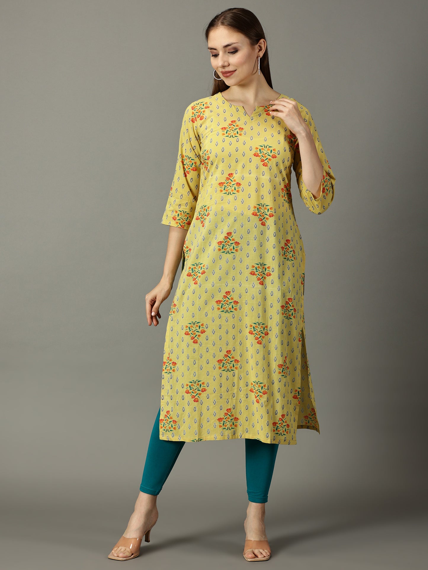 Women Yellow Printed Cotton Kurta