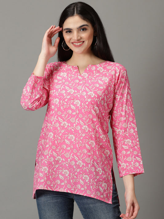 Pink Floral Print Cotton Kurti