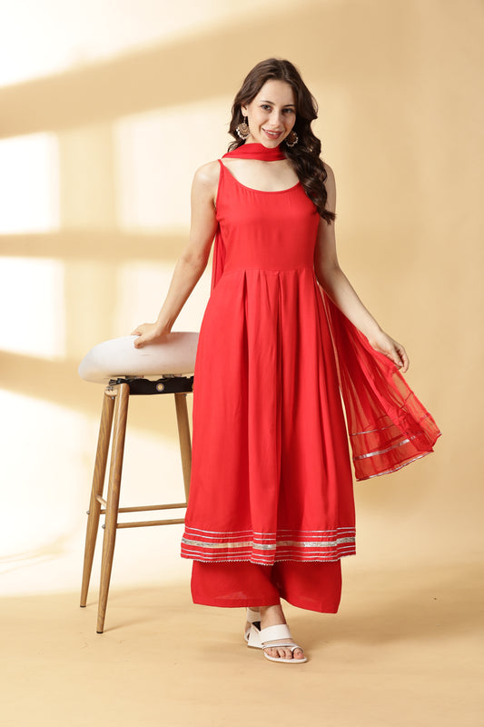 Women Red Anarkali Kurta With Palazzo &Dupatta