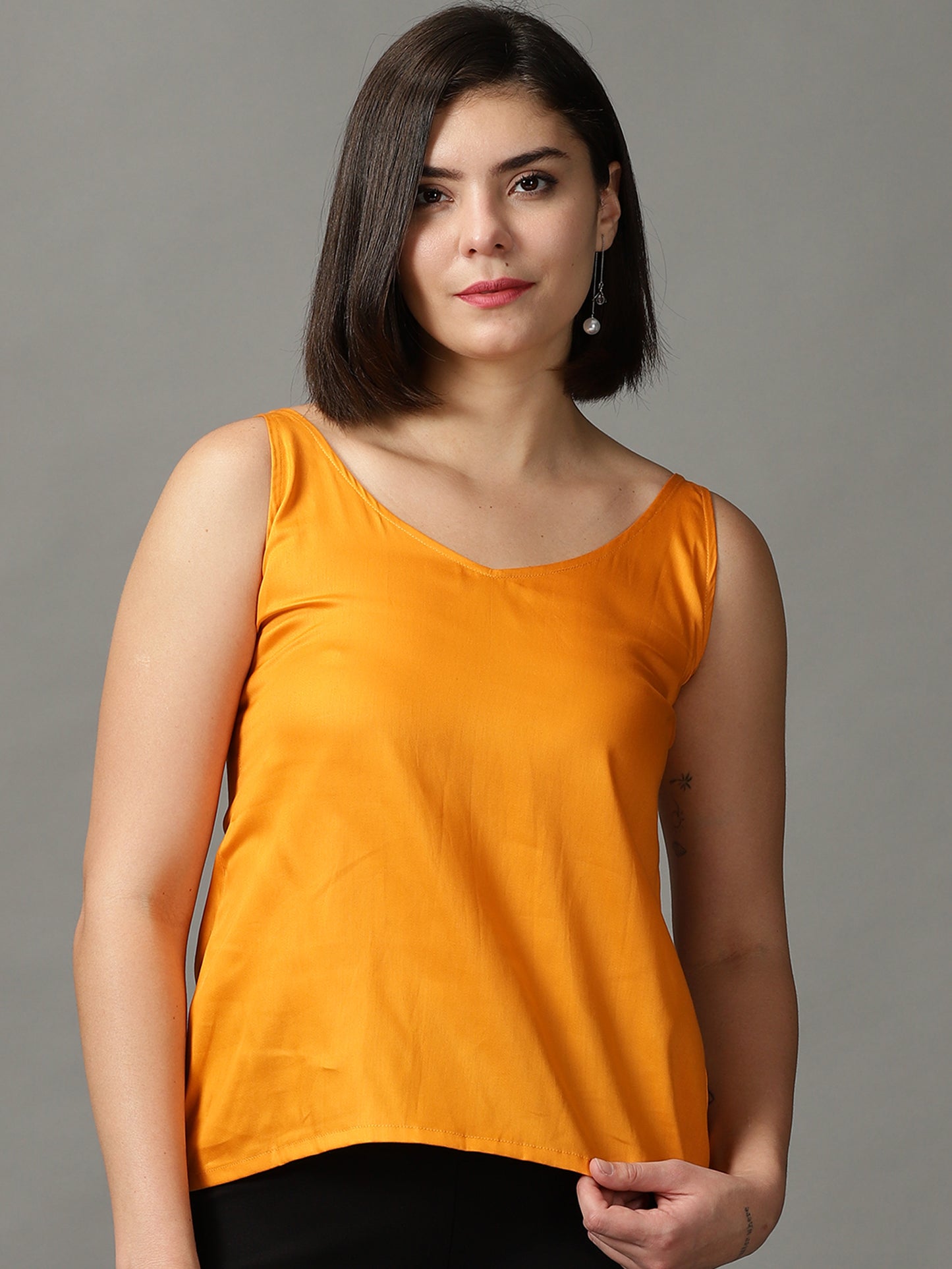 Women Mustard V Neck Sleeveless Top