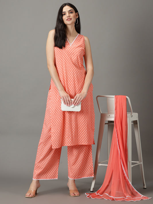 Peach Straight Cotton Kurta With Palazzos & Dupatta