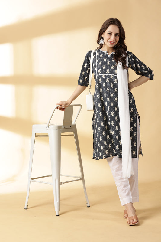 Women Grey Cotton Printed Kurta With Trouser & Dupatta