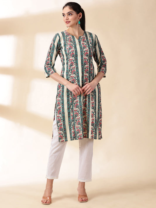 Women Green Printed cotton kurta With Pant