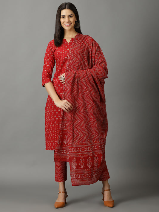 Maroon Cotton Straight Kurta With Trouser & Dupatta