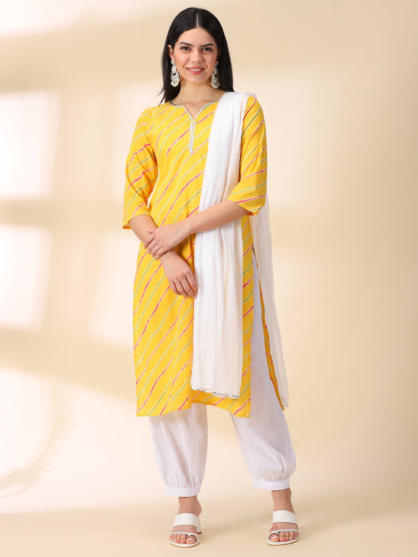 Yellow Cotton Kurta With Cuff Pant & Dupatta