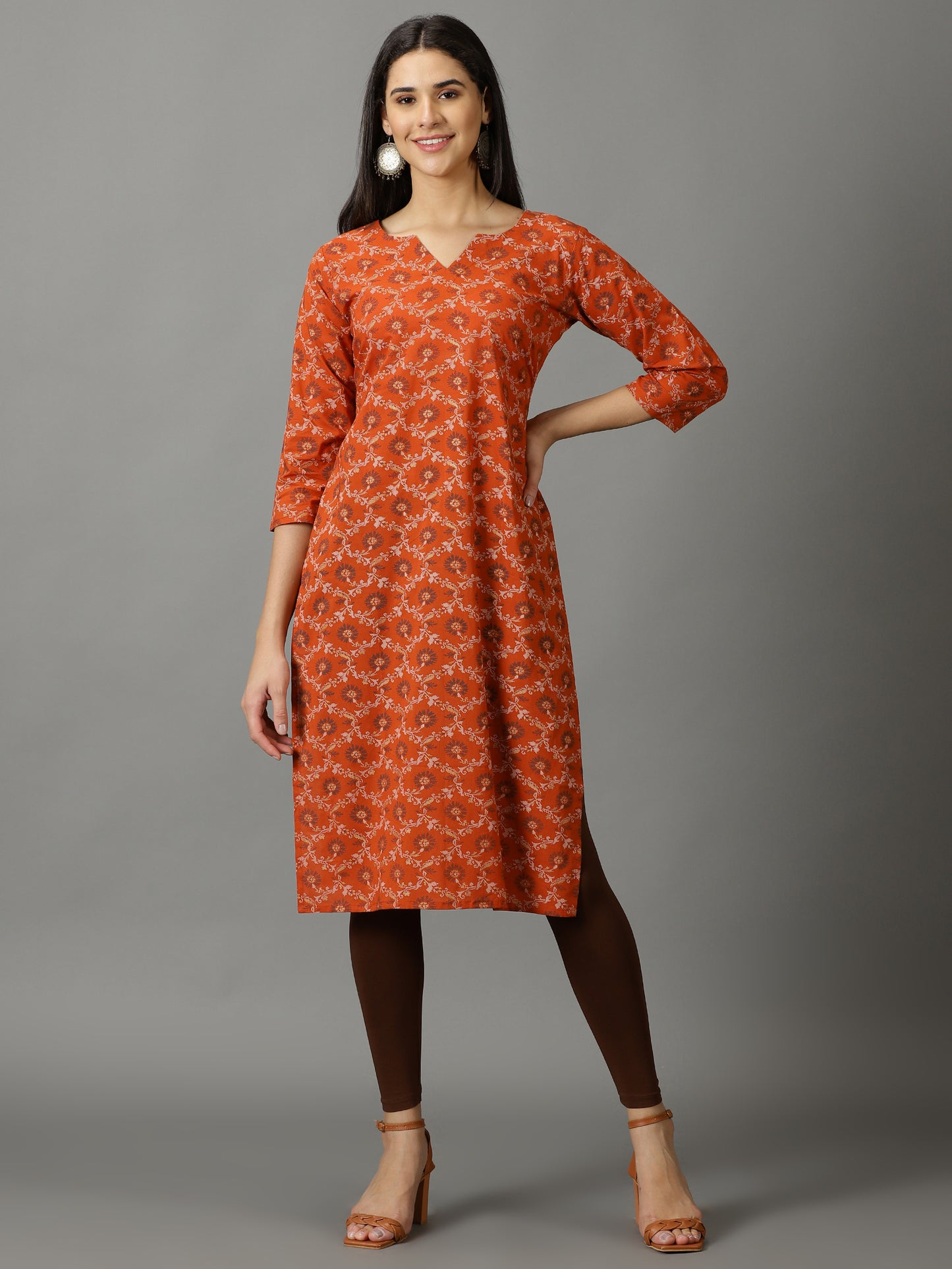 Brown Printed Cotton Kurta