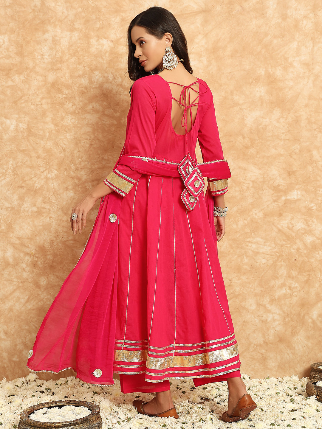 pink cotton anarkali kurta set with dupatta