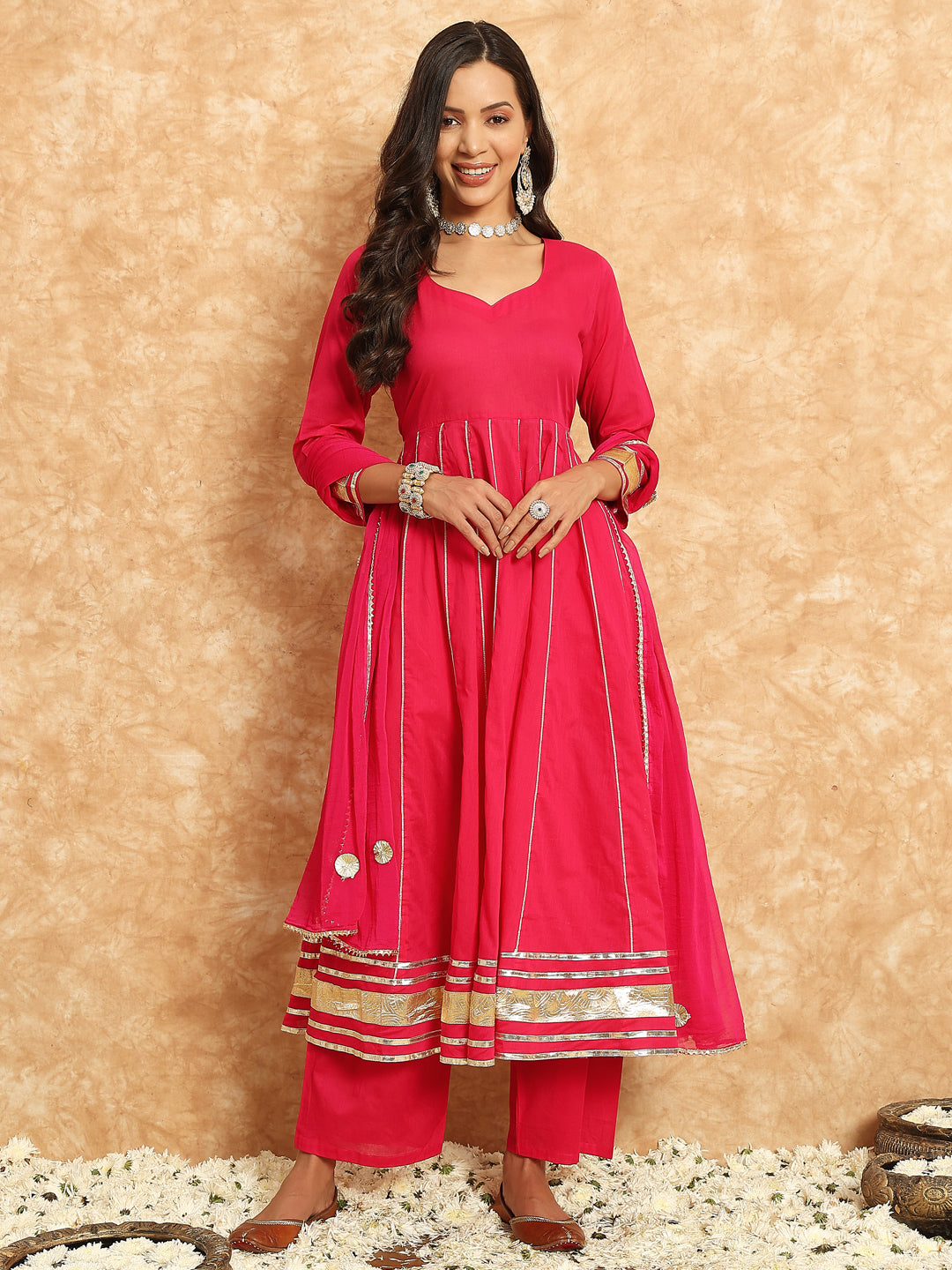 pink cotton anarkali kurta set with dupatta