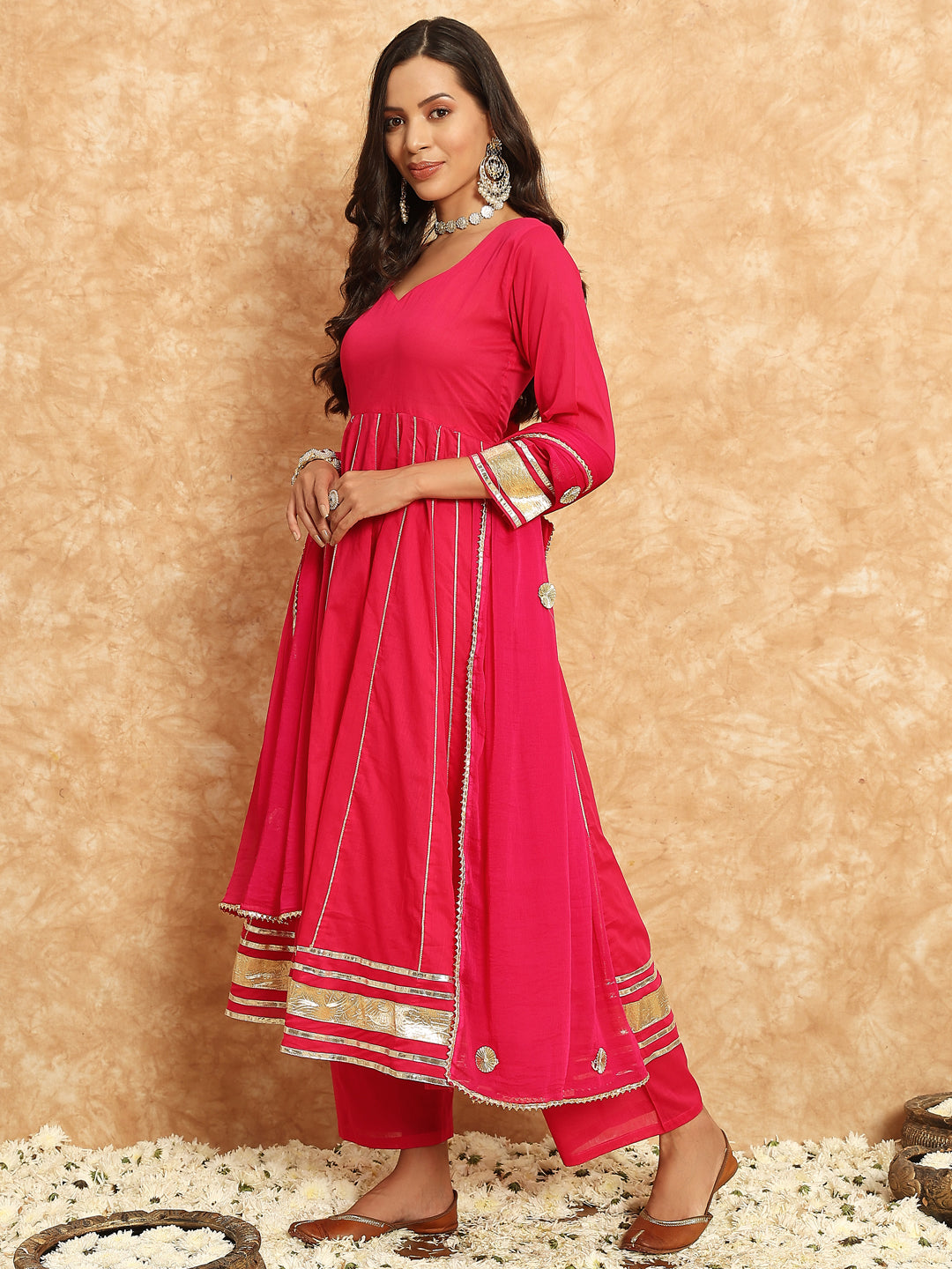 pink cotton anarkali kurta set with dupatta