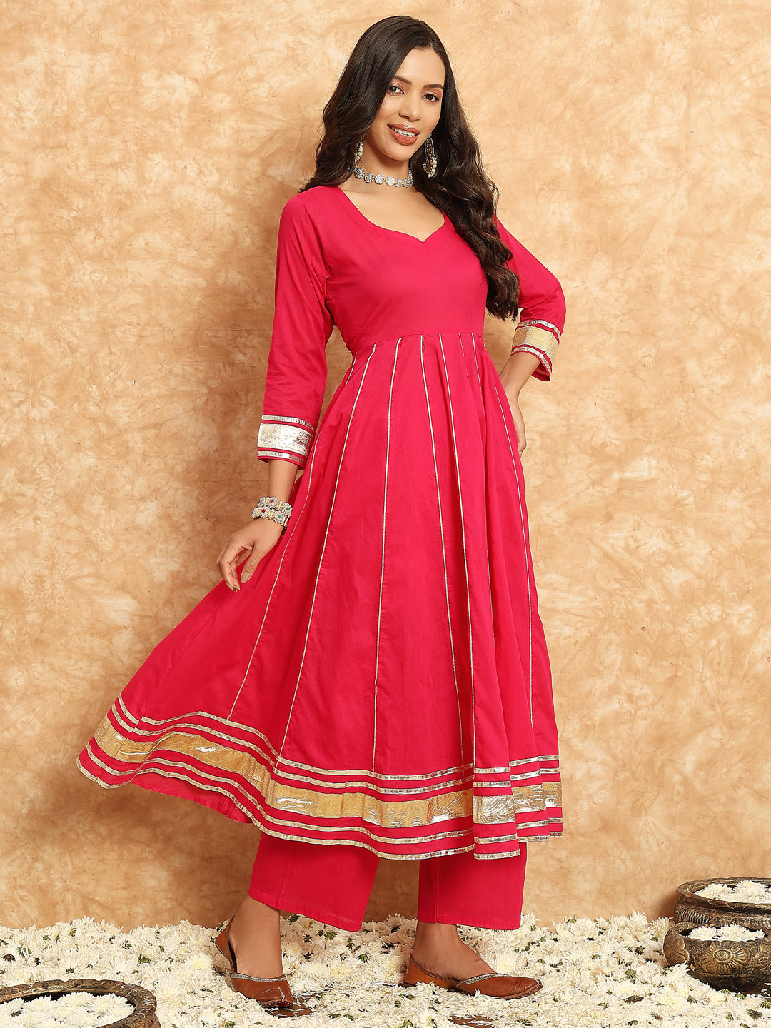 pink cotton anarkali kurta set with dupatta