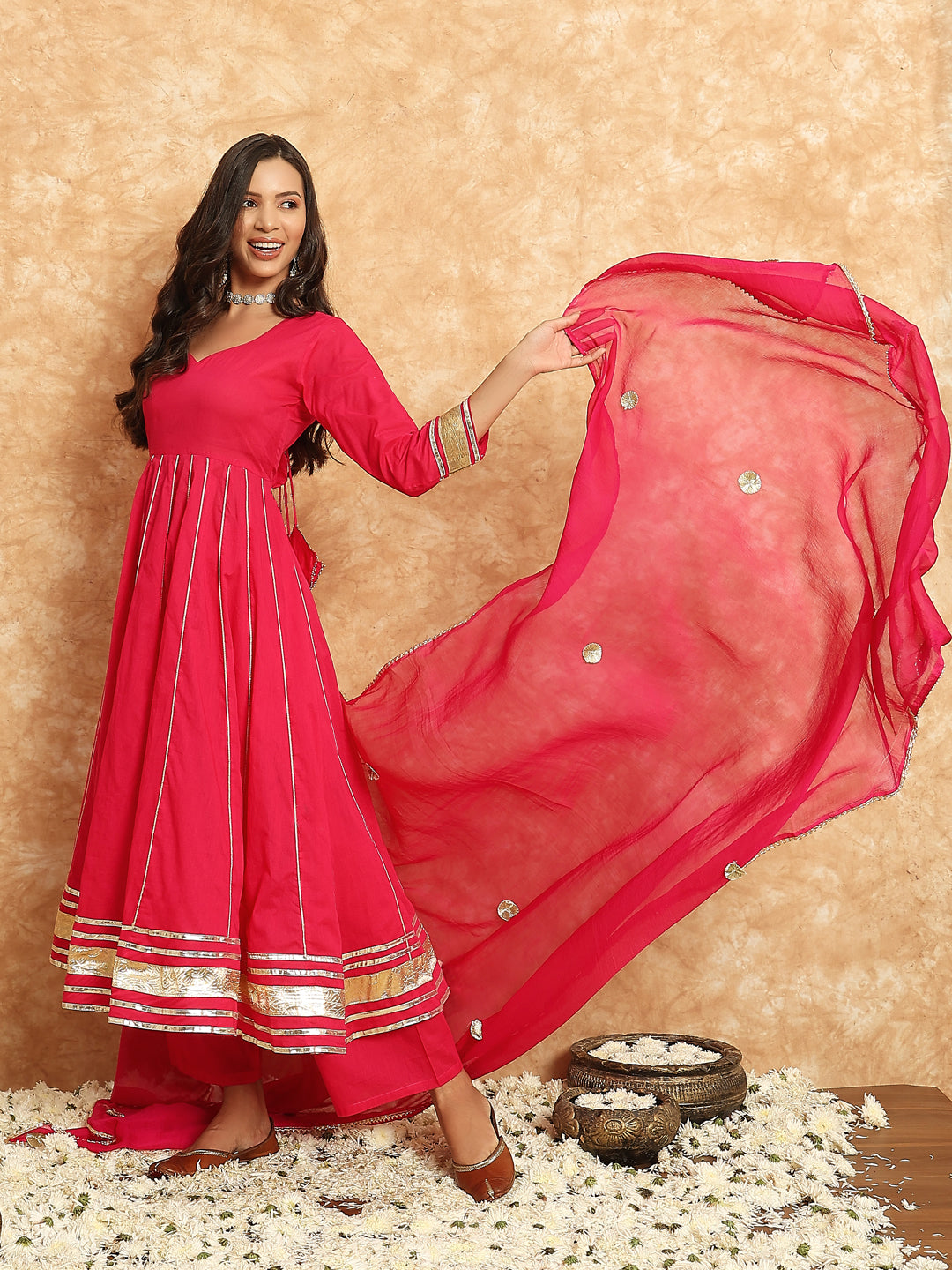 pink cotton anarkali kurta set with dupatta