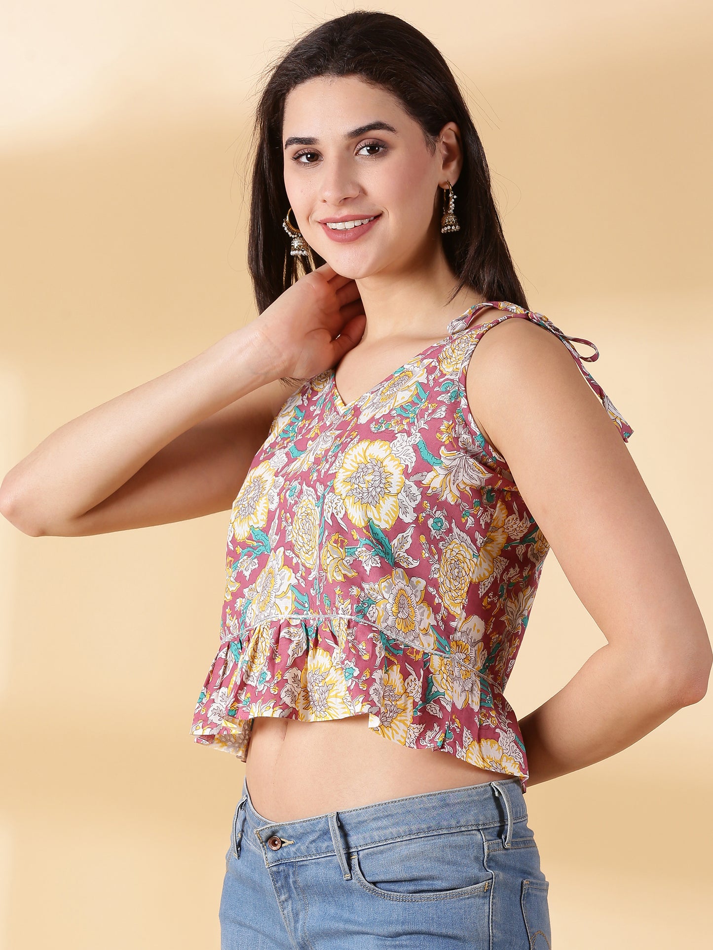 Multi Colour Printed Cotton Sholder Strip Top