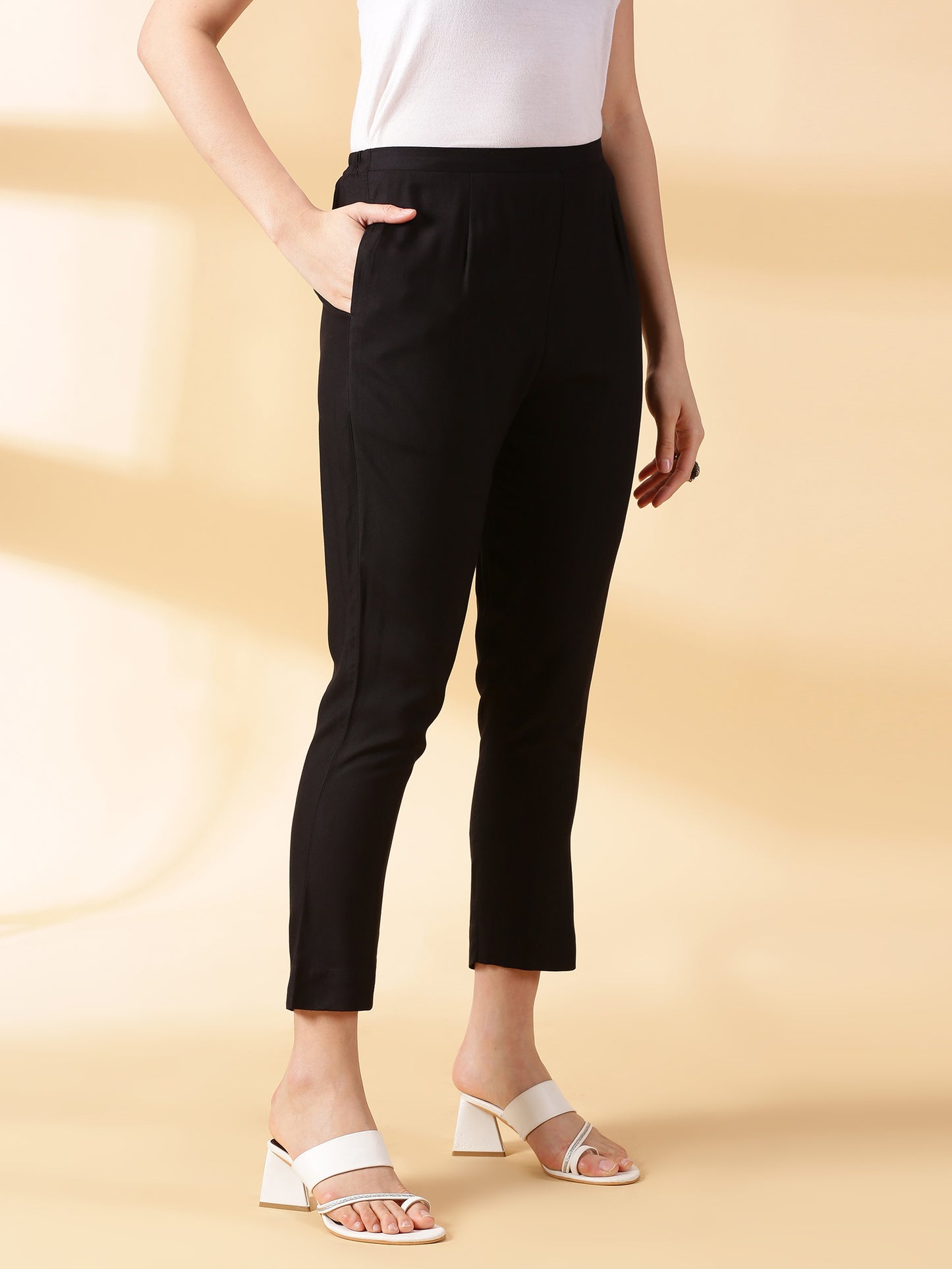 Women Black Solid Reyon Trousers