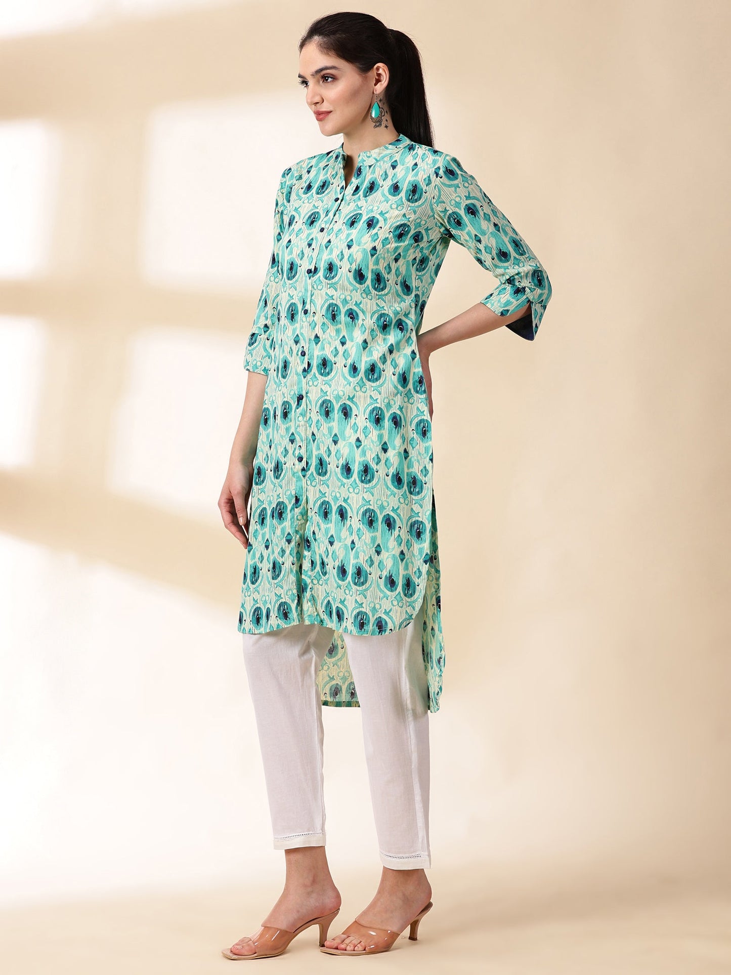 Women Green Floral Print Cotton Kurta