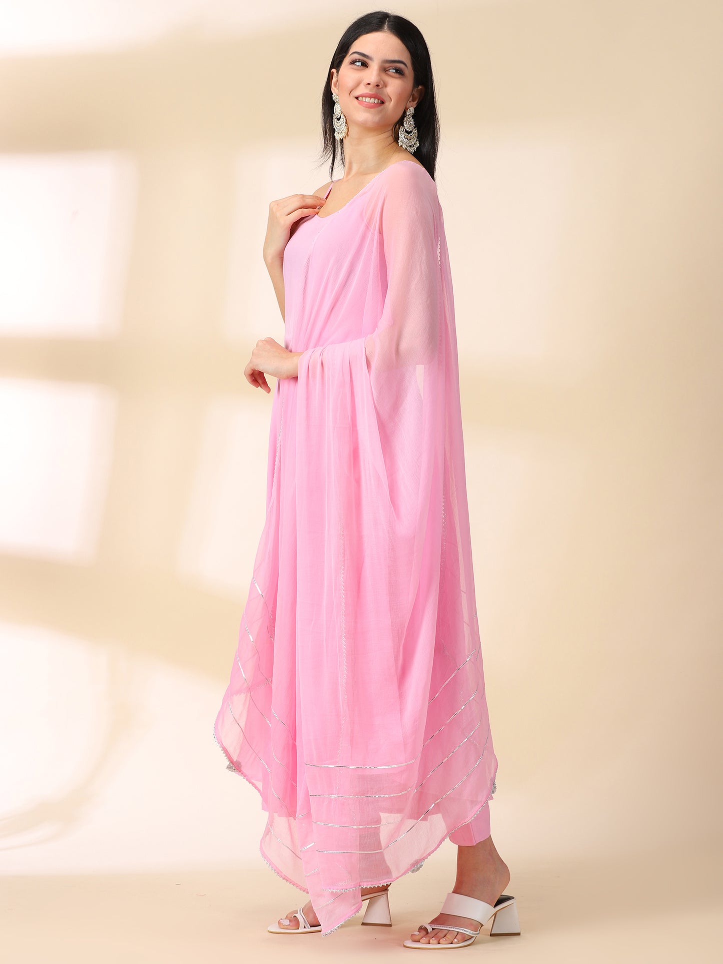 Pink Rayon Anarkali Kurta With Trouser & Dupatta